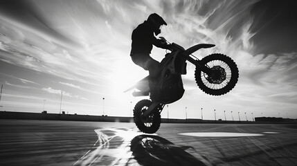 Moto cross stunt in action. Dirt bike wheelie, biker rally silhouette. Motorcyclist doing wheelie stunt at sunset