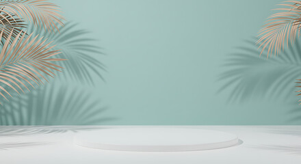 Obraz premium Minimalist Product Display with Palm Leaves and Shadows Serene Aesthetic Design Ideal for Cosmetic Showcase