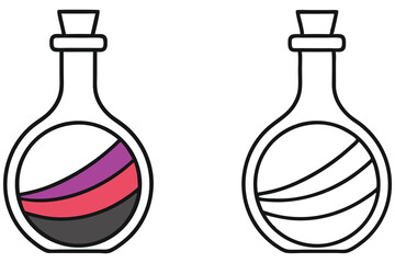 Two line art potion bottles show one is filled with colorful liquid