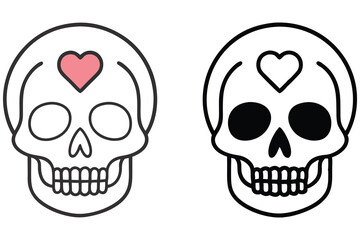 Two linear skull icons, one with a pink heart, exhibit a cheerful, transparent style