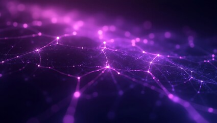 An abstract quantum network composed of violet and purple glowing nodes interconnected in a fractal-like digital grid, floating in deep space. Generative Ai.