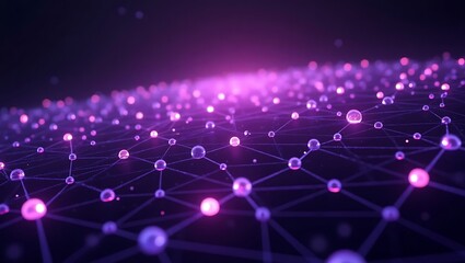 An abstract quantum network composed of violet and purple glowing nodes interconnected in a fractal-like digital grid, floating in deep space. Generative Ai.