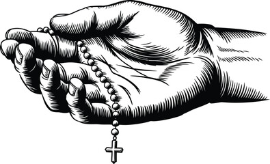 Hand holding rosary beads with cross in black and white detailed engraving style illustration art