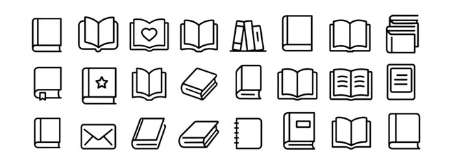 Book icons set, vector illustration, logo isolated on white background, reading symbol, literature icon pack, education symbol, library graphic, knowledge icon, study concept.