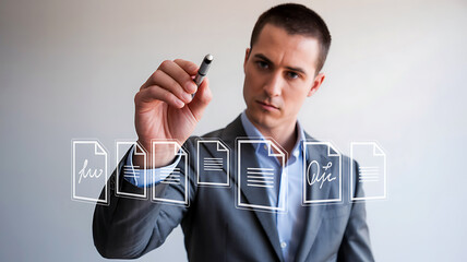 Businessman interacting with floating holographic files and digital contract overlay