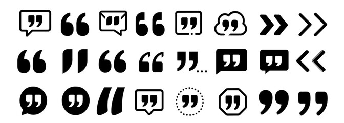 Black quote mark icon set, speech mark collection, inverted commas symbol, punctuation symbols, quotation graphic, typographic icon pack, vector illustration.