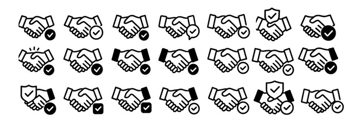 Handshake icon set, partnership deal symbol, business agreement handshake, friendly handshake icon with check mark, vector illustration, team collaboration, alliance, ui, app, png.