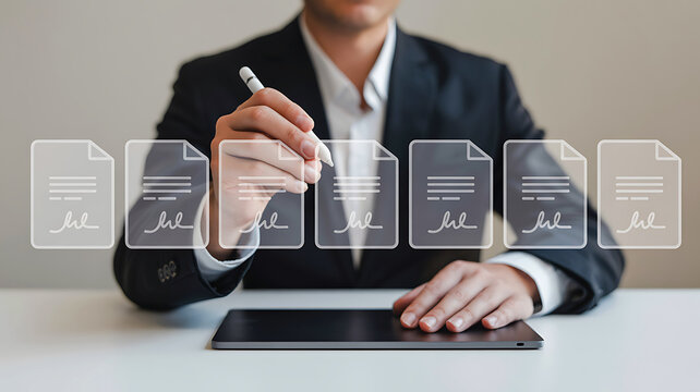 Professional man signing contract on tablet with multiple floating file icons