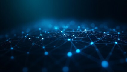A futuristic digital neural network with glowing electric blue nodes and thin interconnected lines, forming a complex web structure. Generative Ai.