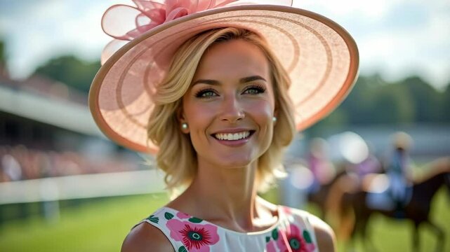 Elegant woman in a hat at the races. Lively atmosphere of the hippodrome. High aristocratic society, charity event, high society