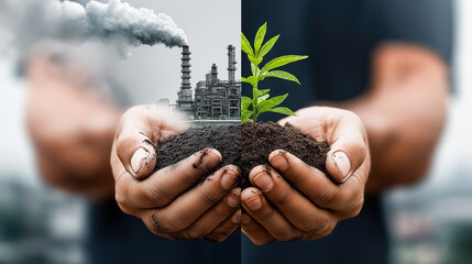 Split-screen of industrial pollution vs green plant in soil