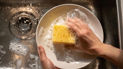 Fototapeta premium Hands washing white plate with yellow sponge in soapy water in kitchen sink