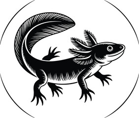 A black and white illustration of an axolotl inside of a circle on a white background design art