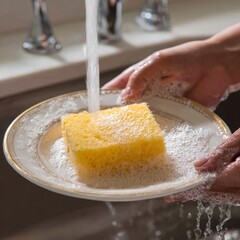 Fototapeta premium Hands washing plate with yellow sponge under running water in kitchen sink