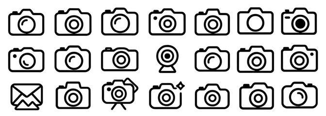 Camera icon set, photo camera icon, photography symbols, vintage camera, compact camera, lens icon, shutter icon, vector illustration, camera equipment, photo gear, cutout, creative tools.