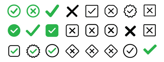 Checkmark and X mark icons, app buttons, UI elements, interface symbols, approval and rejection signs, selection toggles, confirmation marks, user interaction, vector illustration, isolated png.