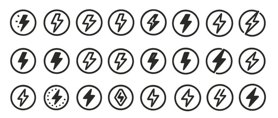 Lightning bolt icon set, flash electric symbol, thunderbolt in circle, energy sign, power icon, electric charge, voltage flash, electric spark, vector illustration.