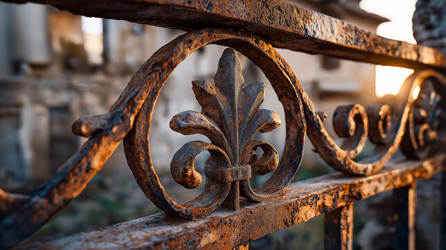 Close-up of rusted ornamental iron fence with scroll detail