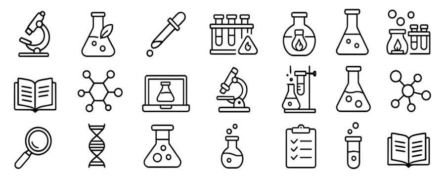 Science laboratory icons vector illustration, chemistry symbols, lab equipment, chemical analysis, science research, scientific experiment, laboratory tools, white background.