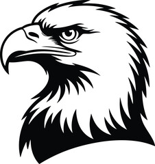 A black and white graphic illustration of an eagle head with a sharp beak and intense gaze design art