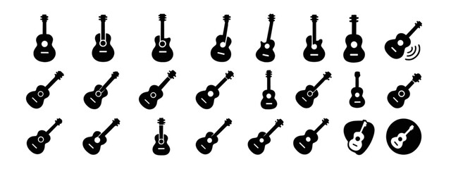 Guitar icon set. black Acoustic guitar isolated on transparent background, vector illustration
