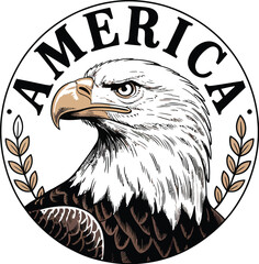 Illustration of an eagle head with america text in a circle with laurel branches around it