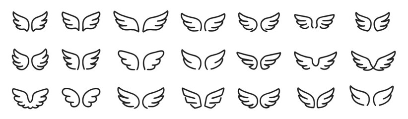 Wings icon set, badges, shapes collection, vector illustration, flying, feathers, angel wings, fantasy design, emblem, logo elements, bird wings, silhouette, creative symbols.