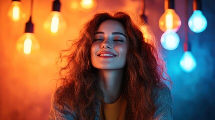 A joyful woman with curly hair smiles serenely, glowing under a warm ambiance created by colorful lights in the background, reflecting her happiness and tranquility.