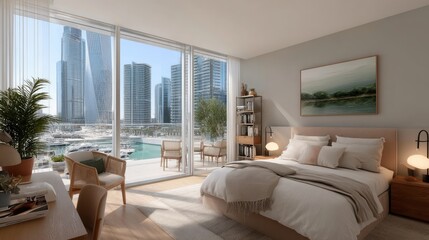 Naklejka premium Bright modern bedroom showcases large windows, cozy furnishings, and vibrant greenery, highlighting a tranquil living space in the city.