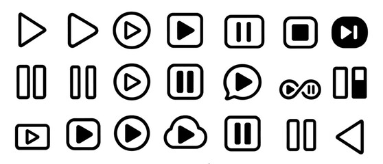 Media Player Buttons icon set, play pause control symbols, video audio interface, user interface icons, multimedia navigation, streaming buttons, vector illustration.