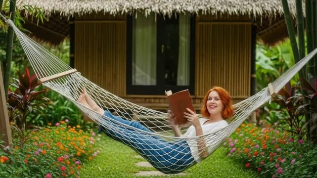 Woman Relaxing in a Hammock While Reading a Book Outdoors, A woman on vacation relaxes and reads a book in a hammock in the garden of a bamboo house