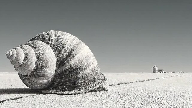 Surreal landscape with giant snail shells in black and white dreamy scenery