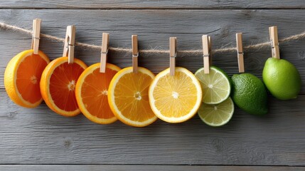 Bright citrus slices, including oranges and limes, hang on clothespins, showcasing vivid colors against a weathered wooden backdrop