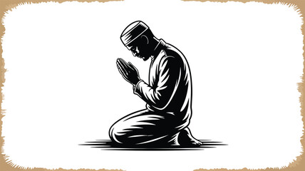 Illustration of a muslim man kneeling in prayer with hands clasped together on an aged paper background