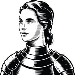 A black and white drawing of a woman in armor with her hair pulled back in a simple and elegant style