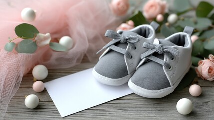 Delicate light pink baby shoe and tulle displayed with a blank card on a textured surface, ideal for a whimsical baby announcement