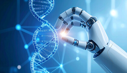 Robotic Precision: A close-up shot showcasing a robotic hand delicately interacting with a DNA strand, embodying the intersection of technology, science and the future.