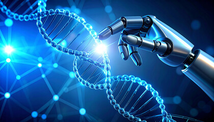 AI's Touch on Life's Code: A digital rendering merges advanced robotics with the biological marvel of a DNA helix, hinting at the intersection of innovation and life science.