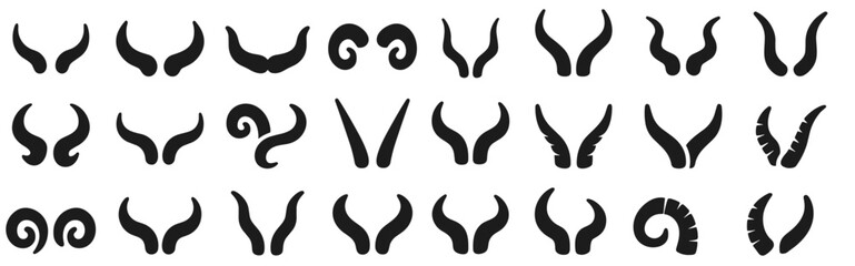Animal horns collection, various species horn set, vector illustration of antlers, curved horns, wildlife silhouette, farm animals, wild fauna, hunting theme, isolated on white background.