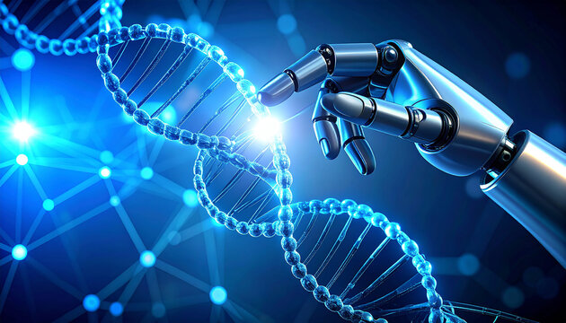 AI's Touch on Life's Code: A digital rendering merges advanced robotics with the biological marvel of a DNA helix, hinting at the intersection of innovation and life science.