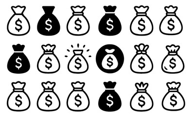 Money bag icon set, currency sack symbols, finance and banking graphic pack, cash savings element bundle, business economy icons, budget vector illustration.