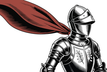A detailed illustration of a knight in shining armor with a red cape flowing behind them in the wind