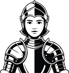 Illustration of a female knight in full armor with a helmet in black and white vector style