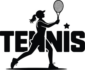Silhouette of a woman playing tennis with the word tennis in bold letters and a star on a white background