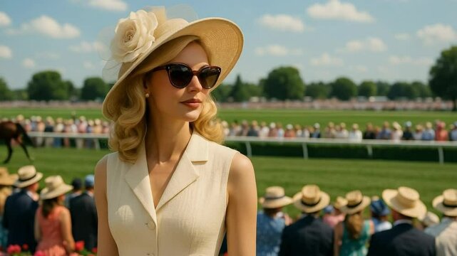 Elegant woman in a hat at the races. Lively atmosphere of the hippodrome. High aristocratic society, charity event, high society