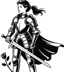 A woman in armor with a sword and cape standing next to a rose in a black and white illustration