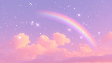 Dreamy sky with rainbow and glowing stars above pink clouds