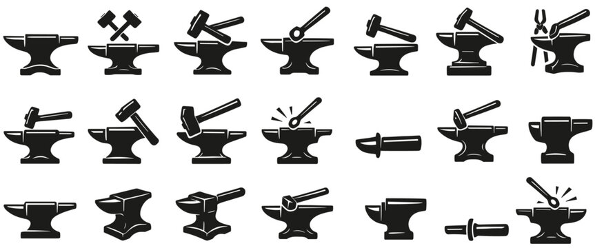 Vintage blacksmith anvil icon, isolated tools on white background, forging equipment, traditional workshop element, smithing symbol, vector illustration, ironwork, craft.