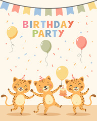 Naklejka premium Birthday party invitation card with cute leopards and gifts. Birthday greeting card. Illustration for postcard, invitation, poster, print.
