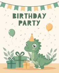 Birthday party invitation card with cute dinosaur and gifts. Birthday greeting card. Illustration for postcard, invitation, poster, print.